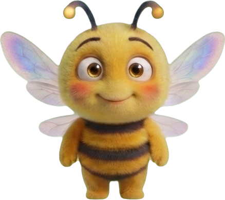 Pippy the bee standing and smiling straight at you, saying hello